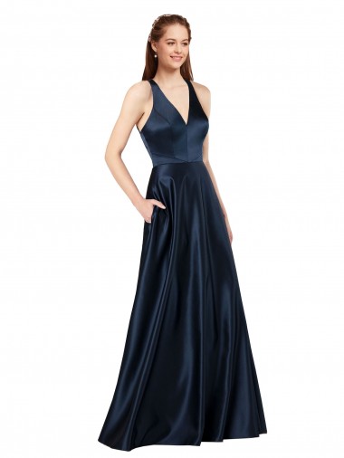 Bleu marine foncé Trapèze Col V Satiné Longue Formelles Robes demoiselle d'honneur / Robes de soirée / Robes de bal à Bas Prix
