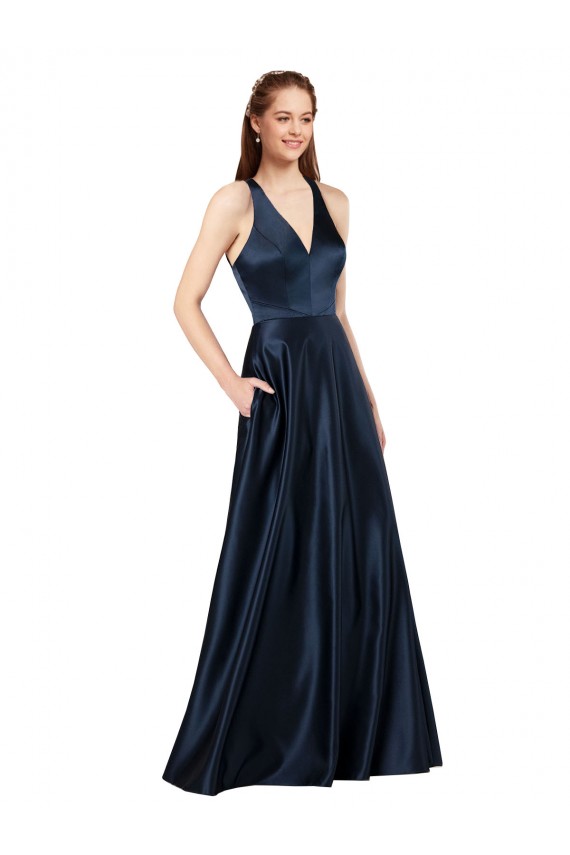 Bleu marine foncé Trapèze Col V Satiné Longue Formelles Robes demoiselle d'honneur / Robes de soirée / Robes de bal à Bas Prix