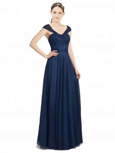 Bleu marine foncé Trapèze Col V Tulle Longue Robes demoiselle d'honneur à Bas Prix