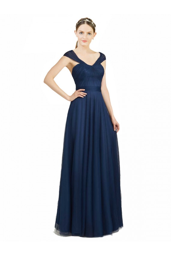Bleu marine foncé Trapèze Col V Tulle Longue Robes demoiselle d'honneur à Bas Prix