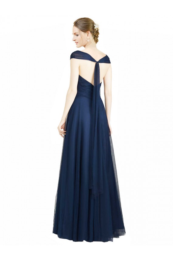 Bleu marine foncé Trapèze Col V Tulle Longue Robes demoiselle d'honneur à Bas Prix