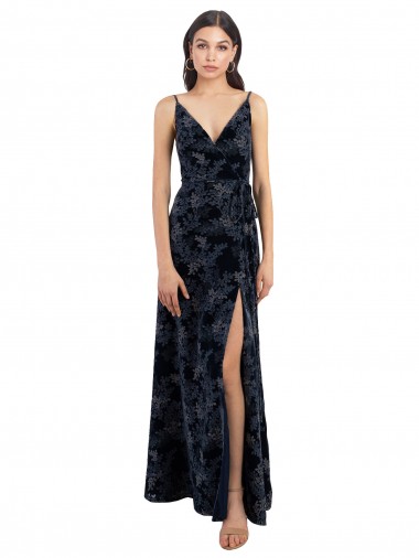 Bleu marine foncé Trapèze Col V Velours Floral Velours Stretch Longue Robes demoiselle d'honneur à Bas Prix
