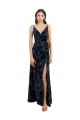 Bleu marine foncé Trapèze Col V Velours Floral Velours Stretch Longue Robes demoiselle d'honneur à Bas Prix