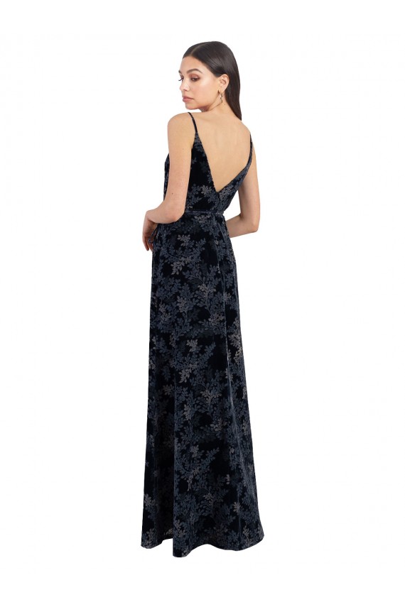 Bleu marine foncé Trapèze Col V Velours Floral Velours Stretch Longue Robes demoiselle d'honneur à Bas Prix