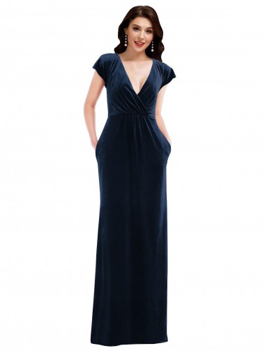 Bleu marine foncé Trapèze Col V Velours Stretch Longue Formelles Robes demoiselle d'honneur / Robes de soirée / Robes de bal à Bas Prix