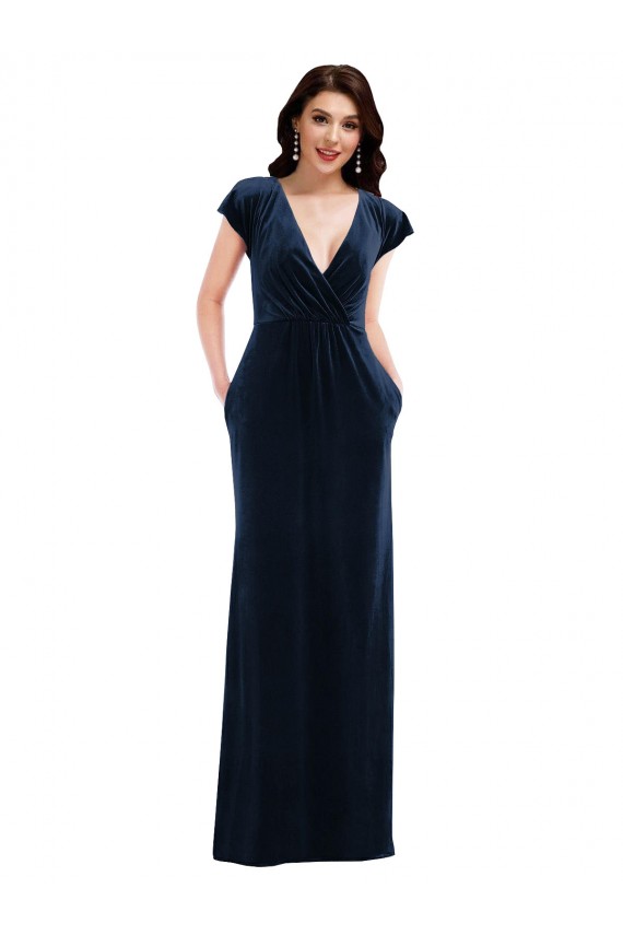 Bleu marine foncé Trapèze Col V Velours Stretch Longue Formelles Robes demoiselle d'honneur / Robes de soirée / Robes de bal à Bas Prix