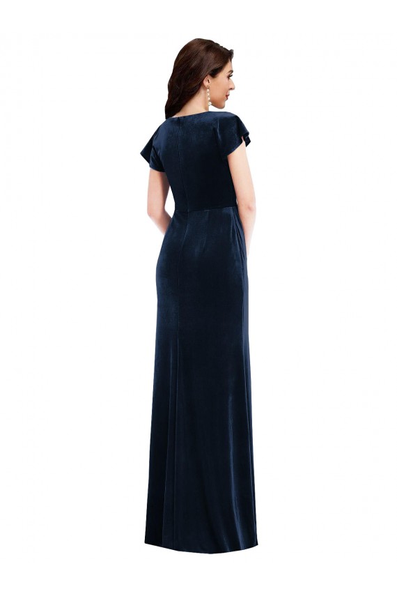 Bleu marine foncé Trapèze Col V Velours Stretch Longue Formelles Robes demoiselle d'honneur / Robes de soirée / Robes de bal à Bas Prix