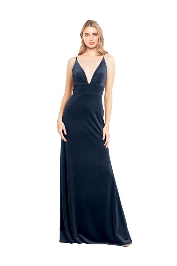 Bleu marine foncé Trapèze Col V Velours Stretch Longue Robes demoiselle d'honneur / Robes de bal à Bas Prix