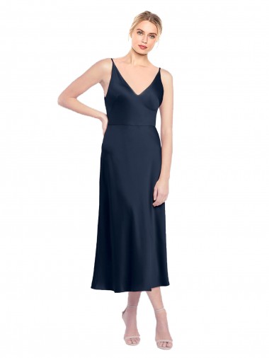 Bleu marine foncé Trapèze Col V midi Satiné Stretch Courte Robes demoiselle d'honneur / Robes de soirée / Robes de cocktail à Bas Prix