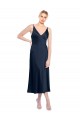 Bleu marine foncé Trapèze Col V midi Satiné Stretch Courte Robes demoiselle d'honneur / Robes de soirée / Robes de cocktail à Bas Prix