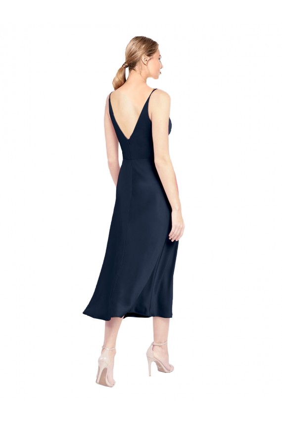 Bleu marine foncé Trapèze Col V midi Satiné Stretch Courte Robes demoiselle d'honneur / Robes de soirée / Robes de cocktail à Bas Prix