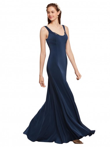 Bleu marine foncé Trapèze Col rond Crêpe Stretch Longue Formelles Robes demoiselle d'honneur / Robes de soirée / Robes de bal à Bas Prix