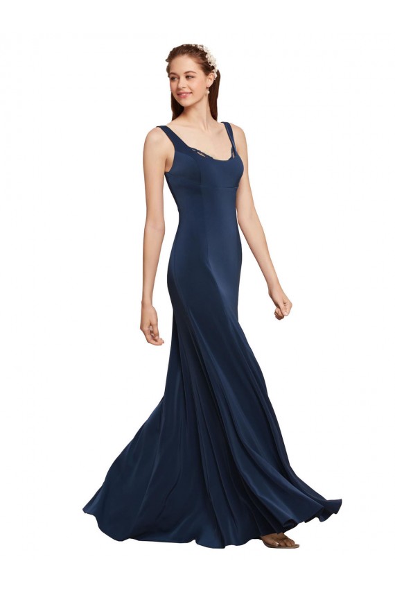 Bleu marine foncé Trapèze Col rond Crêpe Stretch Longue Formelles Robes demoiselle d'honneur / Robes de soirée / Robes de bal à Bas Prix