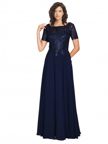 Bleu marine foncé Trapèze Col rond Mousseline Longue Robes demoiselle d'honneur / Robes de bal à Bas Prix