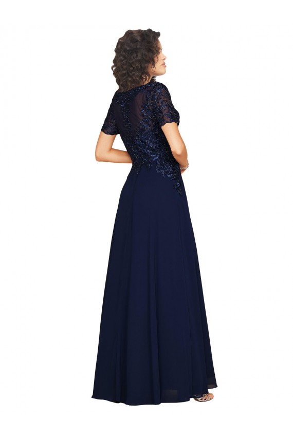 Bleu marine foncé Trapèze Col rond Mousseline Longue Robes demoiselle d'honneur / Robes de bal à Bas Prix