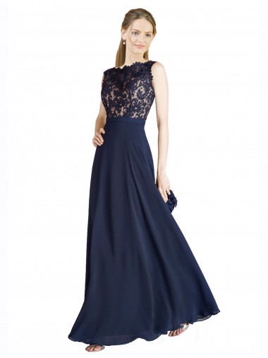 Bleu marine foncé Trapèze Illusion Mousseline Dentelle Longue Robes demoiselle d'honneur / Robes de bal à Bas Prix