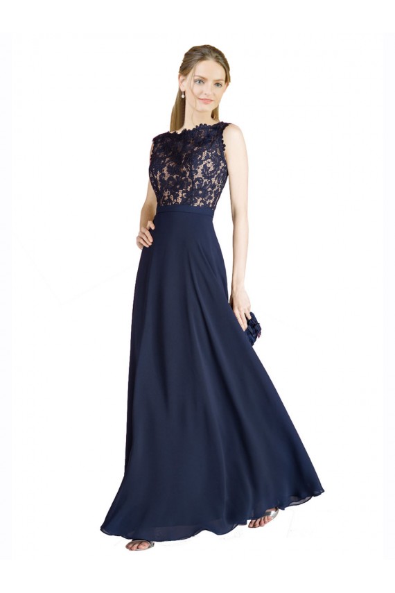 Bleu marine foncé Trapèze Illusion Mousseline Dentelle Longue Robes demoiselle d'honneur / Robes de bal à Bas Prix