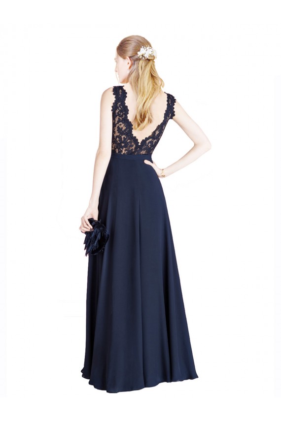 Bleu marine foncé Trapèze Illusion Mousseline Dentelle Longue Robes demoiselle d'honneur / Robes de bal à Bas Prix