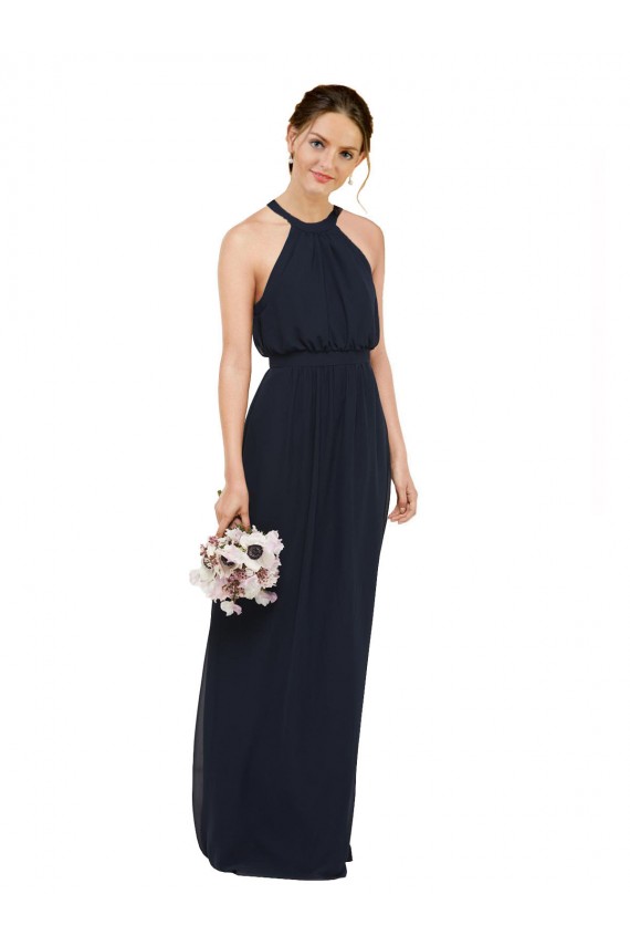 Bleu marine foncé Trapèze Licou Col Haut Mousseline Longue Robes demoiselle d'honneur à Bas Prix