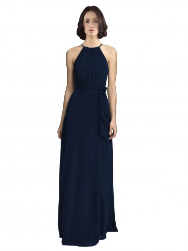 Bleu marine foncé Trapèze Licou Col Haut Mousseline Longue Robes demoiselle d'honneur à Bas Prix