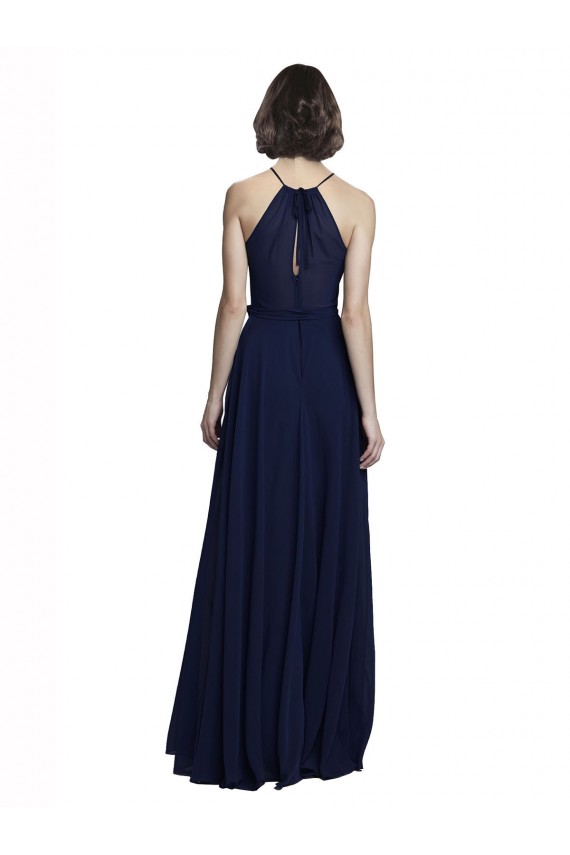 Bleu marine foncé Trapèze Licou Col Haut Mousseline Longue Robes demoiselle d'honneur à Bas Prix
