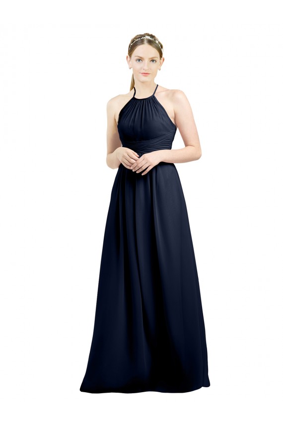 Bleu marine foncé Trapèze Licou Col Haut Mousseline Longue Robes demoiselle d'honneur à Bas Prix
