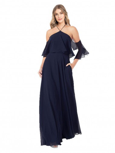 Bleu marine foncé Trapèze Licou Col Haut Mousseline Longue Robes demoiselle d'honneur à Bas Prix