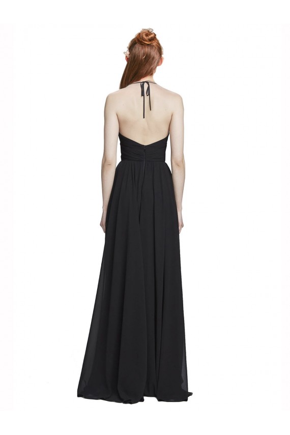 Bleu marine foncé Trapèze Licou Col V Mousseline Longue Robes demoiselle d'honneur à Bas Prix