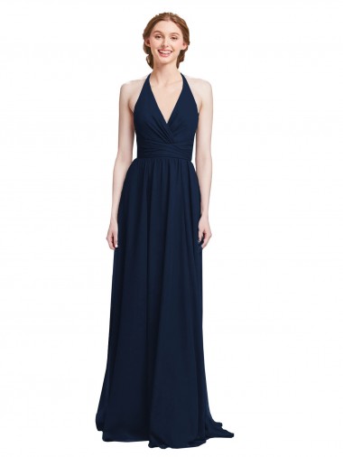 Bleu marine foncé Trapèze Licou Col V Mousseline Longue Robes demoiselle d'honneur à Bas Prix