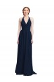 Bleu marine foncé Trapèze Licou Col V Mousseline Longue Robes demoiselle d'honneur à Bas Prix