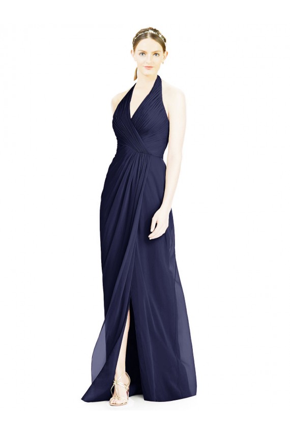 Bleu marine foncé Trapèze Licou Col V Mousseline Longue Robes demoiselle d'honneur à Bas Prix