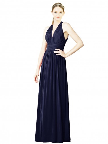 Bleu marine foncé Trapèze Licou Col V Mousseline Longue Robes demoiselle d'honneur à Bas Prix