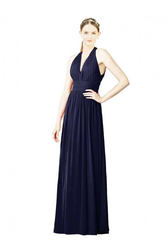 Bleu marine foncé Trapèze Licou Col V Mousseline Longue Robes demoiselle d'honneur à Bas Prix