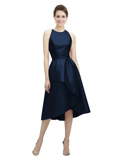 Bleu marine foncé Trapèze Licou Col bijou Satiné Courte Asymétrique Robes demoiselle d'honneur à Bas Prix
