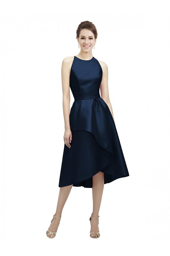 Bleu marine foncé Trapèze Licou Col bijou Satiné Courte Asymétrique Robes demoiselle d'honneur à Bas Prix