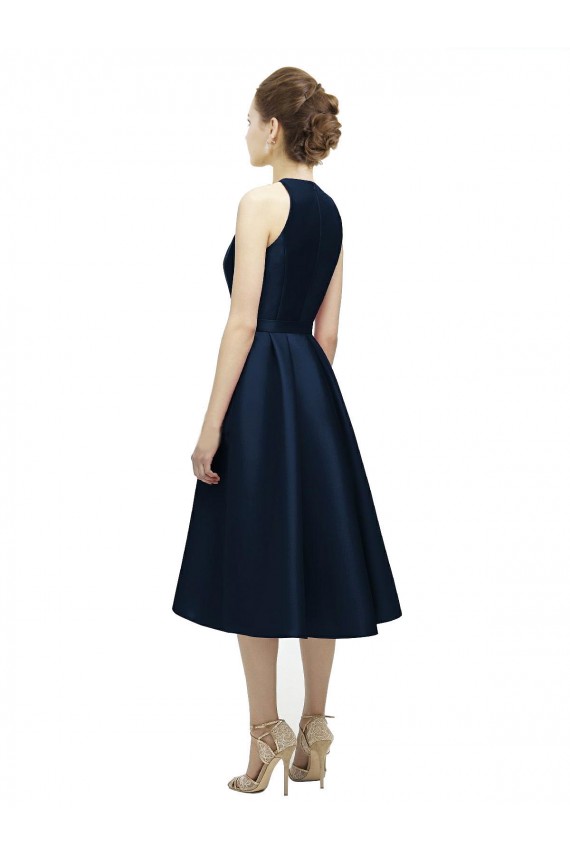 Bleu marine foncé Trapèze Licou Col bijou Satiné Courte Asymétrique Robes demoiselle d'honneur à Bas Prix