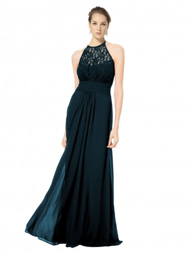 Bleu marine foncé Trapèze Licou Illusion Mousseline Dentelle Longue Robes demoiselle d'honneur à Bas Prix