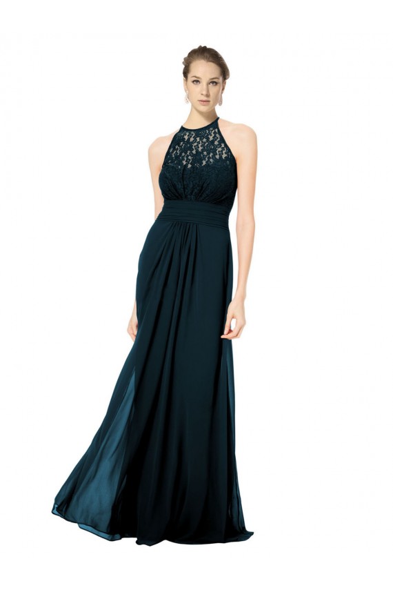 Bleu marine foncé Trapèze Licou Illusion Mousseline Dentelle Longue Robes demoiselle d'honneur à Bas Prix