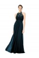 Bleu marine foncé Trapèze Licou Illusion Mousseline Dentelle Longue Robes demoiselle d'honneur à Bas Prix