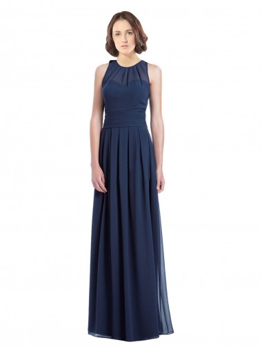 Bleu marine foncé Trapèze Licou Mousseline Longue Robes demoiselle d'honneur à Bas Prix
