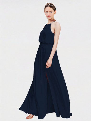 Bleu marine foncé Trapèze Licou Mousseline Longue Robes demoiselle d'honneur à Bas Prix