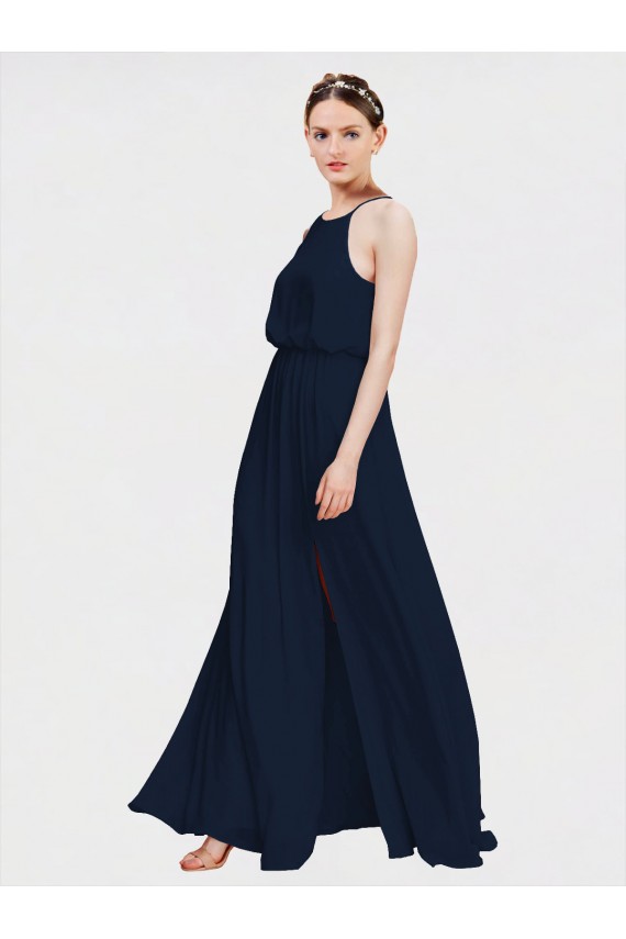 Bleu marine foncé Trapèze Licou Mousseline Longue Robes demoiselle d'honneur à Bas Prix