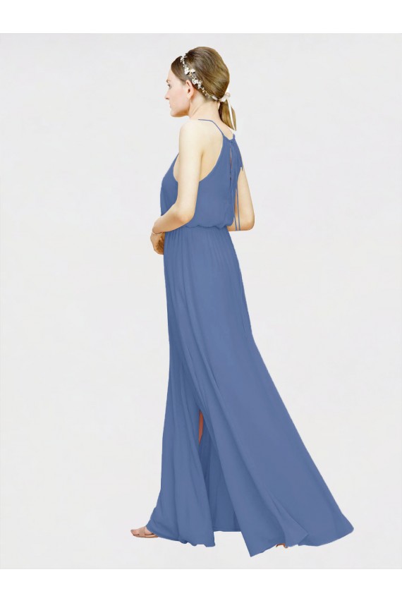 Bleu marine foncé Trapèze Licou Mousseline Longue Robes demoiselle d'honneur à Bas Prix