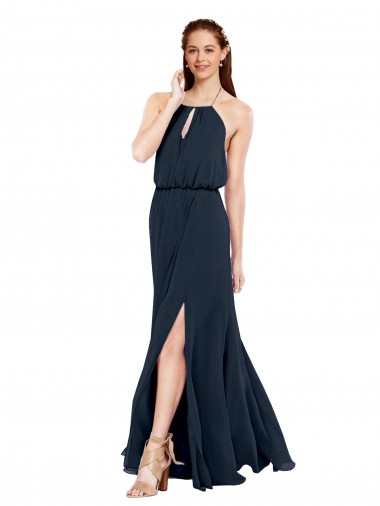 Bleu marine foncé Trapèze Licou Mousseline Longue Robes demoiselle d'honneur à Bas Prix