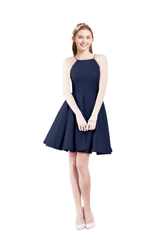Bleu marine foncé Trapèze Licou Satiné Courte Robes demoiselle d'honneur / Robes de cocktail à Bas Prix