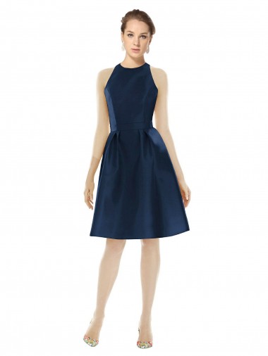 Bleu marine foncé Trapèze Licou Satiné Courte Robes demoiselle d'honneur / Robes de cocktail à Bas Prix
