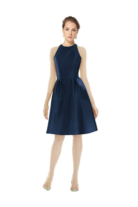 Bleu marine foncé Trapèze Licou Satiné Courte Robes demoiselle d'honneur / Robes de cocktail à Bas Prix