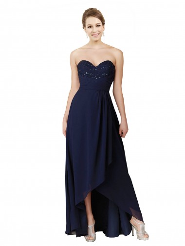 Bleu marine foncé Trapèze Mousseline Longue Asymétrique Robes demoiselle d'honneur à Bas Prix