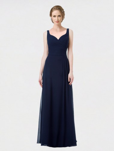Bleu marine foncé Trapèze Mousseline Longue Robes demoiselle d'honneur à Bas Prix