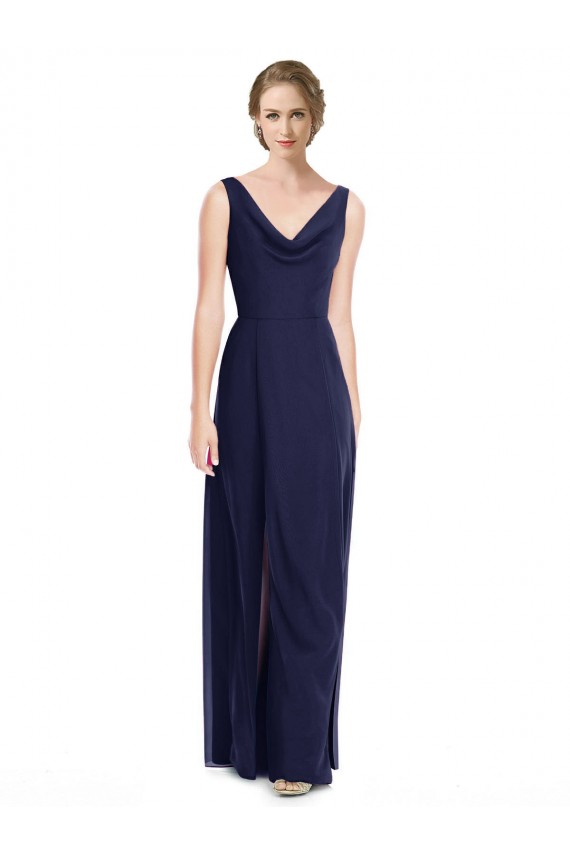 Bleu marine foncé Trapèze Mousseline Longue Robes demoiselle d'honneur à Bas Prix